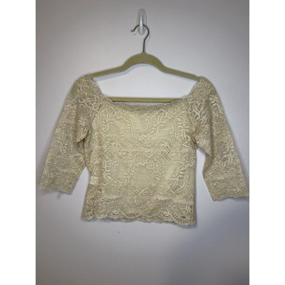 Vintage Kay Celine Lace Top 3/4 Sleeve Front Lined Sheer Back Ivory Sz M 90's - Picture 3 of 12